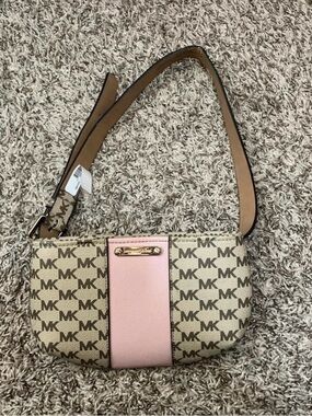 Michael Kors Beige MK Logo Fanny Pack with Pink Stripe